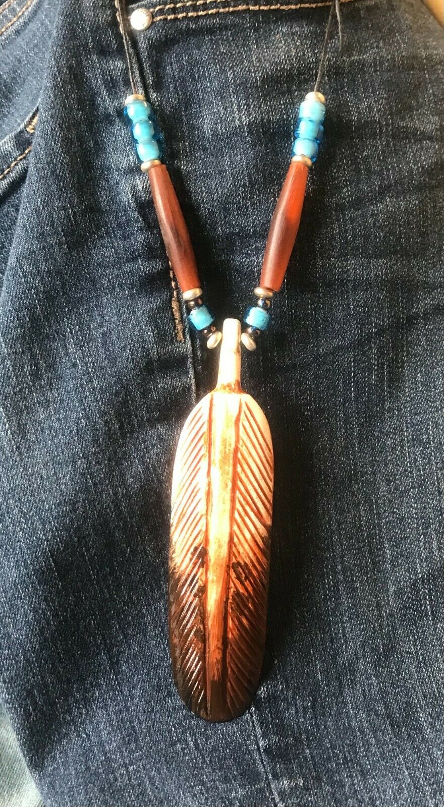 Lg Carved Buffalo Bone Feather Pendant Necklace * Biker *western * Native*